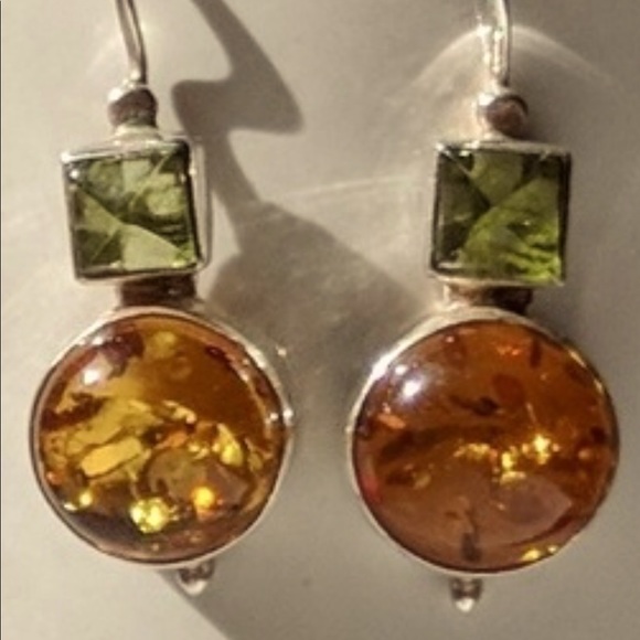 925 Sterling Silver Green & Orange Dangle Earrings - Picture 1 of 4